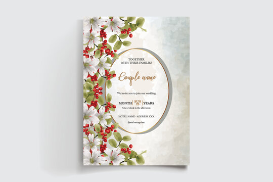 WEDDING INVITATION FRAME WITH FLOWER DECORATIONS AND FRESH LEAVES