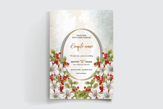 WEDDING INVITATION FRAME WITH FLOWER DECORATIONS AND FRESH LEAVES