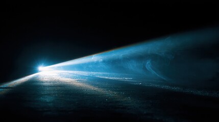 Poster - Minimalist concept of a single blue light ray shining through a glass prism, scattering into subtle streaks and soft glows in the darkness