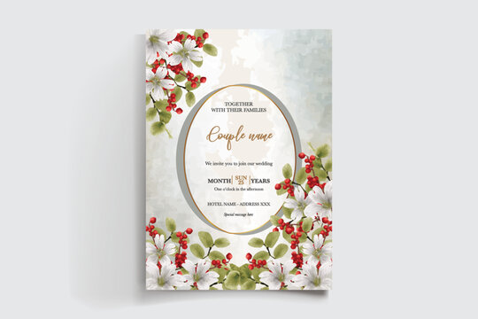 WEDDING INVITATION FRAME WITH FLOWER DECORATIONS AND FRESH LEAVES