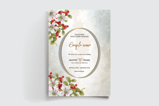 WEDDING INVITATION FRAME WITH FLOWER DECORATIONS AND FRESH LEAVES