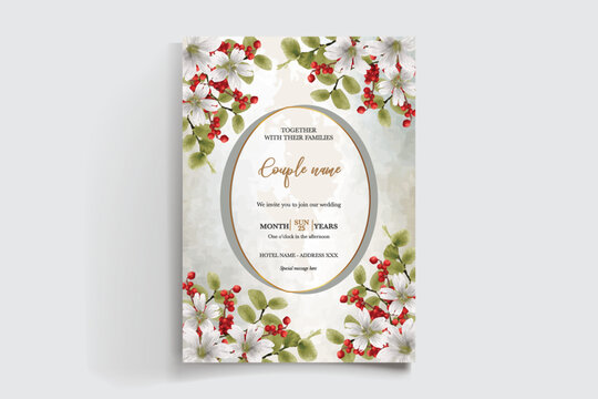 WEDDING INVITATION FRAME WITH FLOWER DECORATIONS AND FRESH LEAVES