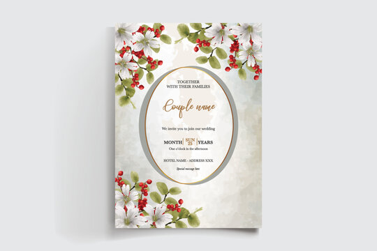 WEDDING INVITATION FRAME WITH FLOWER DECORATIONS AND FRESH LEAVES