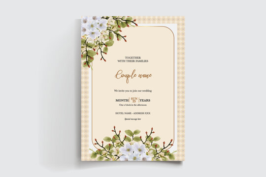 WEDDING INVITATION FRAME WITH FLOWER DECORATIONS AND FRESH LEAVES