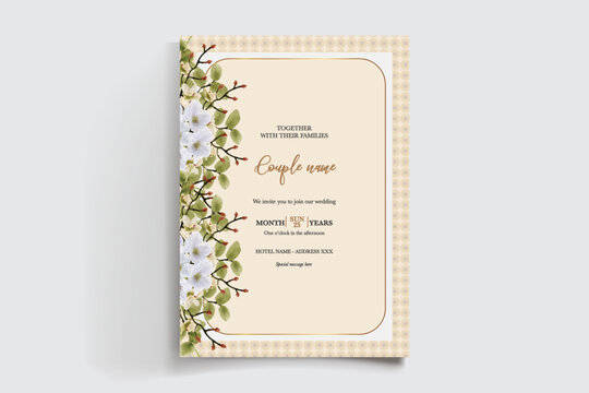 WEDDING INVITATION FRAME WITH FLOWER DECORATIONS AND FRESH LEAVES