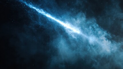 Poster - Dynamic blue light flare streaking diagonally across a smoky black backdrop, creating a cinematic sci-fi atmosphere with dust particles floating