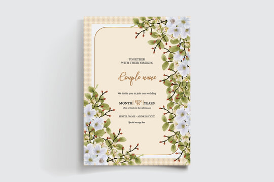 WEDDING INVITATION FRAME WITH FLOWER DECORATIONS AND FRESH LEAVES