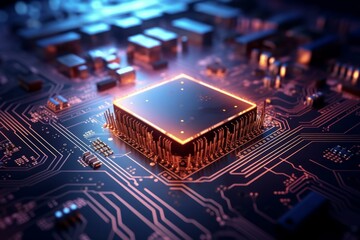 Poster - Glowing cpu processing data on a motherboard, representing futuristic technology, computing power, and digital innovation
