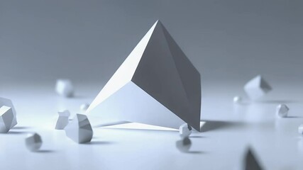 Poster - Geometric Pyramid: A modern composition showcasing a pristine geometric pyramid surrounded by smaller, fractured shapes, all rendered in a clean, minimalist style.
