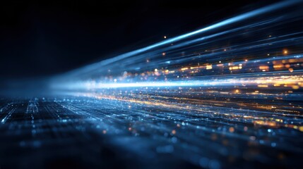 Poster - Blue light streak traveling across an abstract digital grid, leaving behind glowing flares and shimmering pixel effects