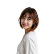 © ColorfulFlowerStudio - Smiling Young Woman with Short Brown Hair in Casual White Top Posing Against a Plain Background