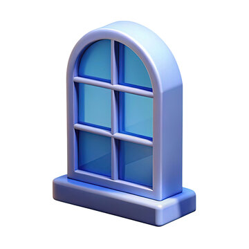 Stylized blue arched window with six panes and a sill rendered in 3d isolated on transparent background