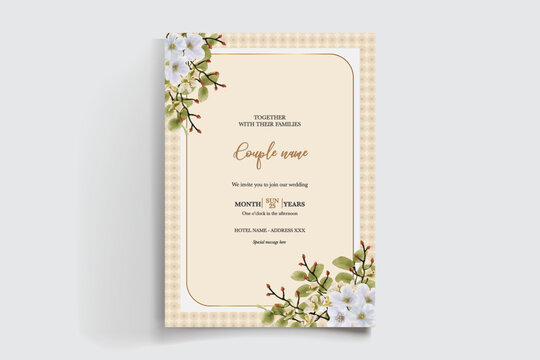 WEDDING INVITATION FRAME WITH FLOWER DECORATIONS AND FRESH LEAVES