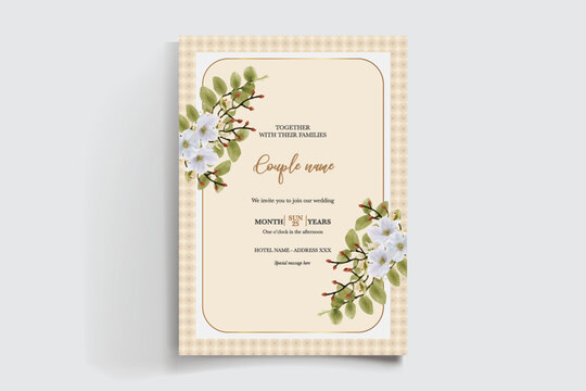 WEDDING INVITATION FRAME WITH FLOWER DECORATIONS AND FRESH LEAVES