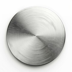 Poster - Brushed metal disc radiating industrial elegance on white background, showcasing its metallic texture and circular perfection