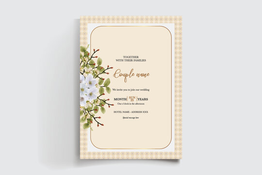 WEDDING INVITATION FRAME WITH FLOWER DECORATIONS AND FRESH LEAVES