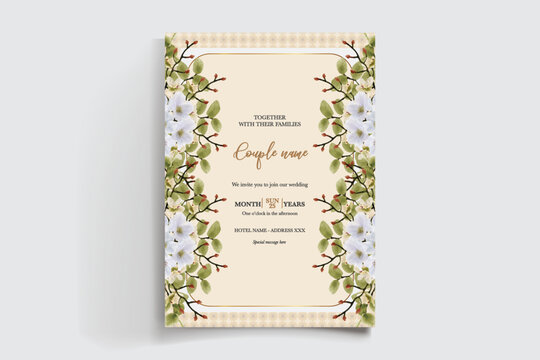 WEDDING INVITATION FRAME WITH FLOWER DECORATIONS AND FRESH LEAVES