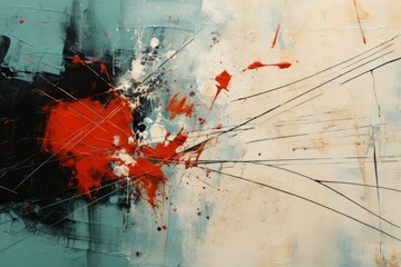 Poster - Dynamic abstract painting featuring textured splashes of red, black, and beige, overlaid with intersecting lines, creating a sense of movement and depth