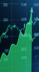 Poster - Green upward trend line graph on dark blue background, showcasing financial growth and market success, symbolizing investment profit and economic prosperity