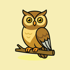 Cute Cartoon Owl – Brown Bird with Big Yellow Eyes Perched on Branch for Kids, Stickers, Animal Designs, and Educational Projects