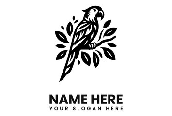 Aufkleber - A stylized black and white illustration of a parrot perched on a branch, surrounded by leaves.