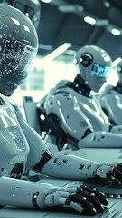 Aufkleber - Robots working on computers in futuristic office