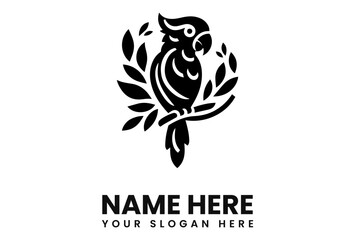 Aufkleber - A stylized black parrot perched on a branch, surrounded by leaves, with text below.