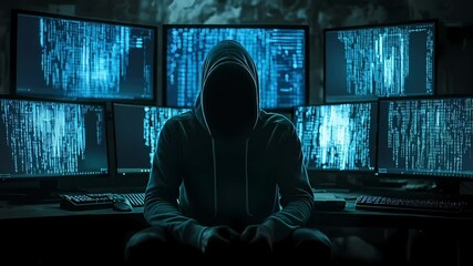 Poster - Hacker in hoodie obscured by shadow, launching cyberattack
