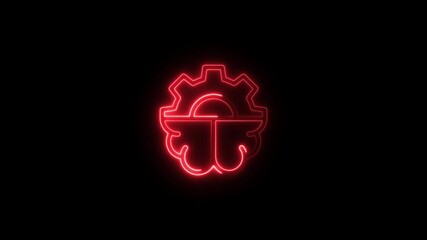 Poster - Glowing Red Neon Gear Icon Against Black Background Abstract Tech Concept Modern Design Element