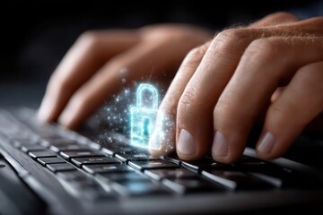 Poster - Hands typing on keyboard with digital lock symbol representing cybersecurity awareness