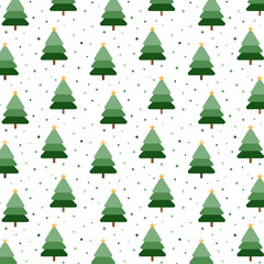 Wall Mural - Christmas tree seamless pattern.Repeat pattern with green pine trees, stars and snow isolated on white background.Vector graphic illustration wallpaper.