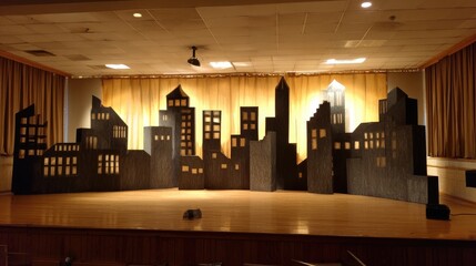 Poster - Painted cityscape backdrop on stage with spotlight illuminating front area