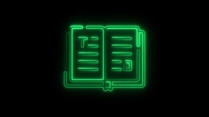 Poster - Glowing Neon Book Icon Animation on Black Background Perfect for Educational Tech and Digital