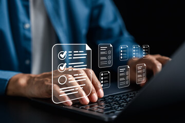 Fototapete - Digital document checklist and online survey form concept. User interacting with digital forms on a laptop, showing task approval and checklist workflow for productivity and data submission systems.