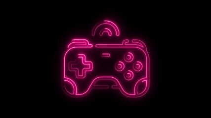 Poster - Glowing Neon Game Controller Icon Animation Against Black Background Perfect for Gaming