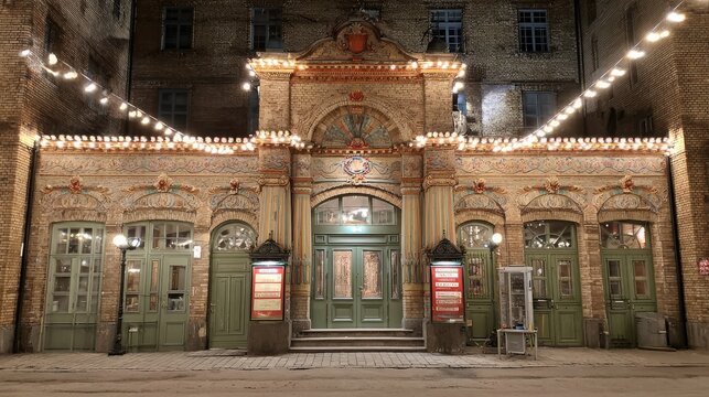 Signboard displaying tonight's show outside grand theatre entrance