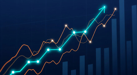 Poster - Abstract image of upward trending lines and bar graph, illustrating growth and success in business, finance, or investment, symbolizing progress and positive trajectory