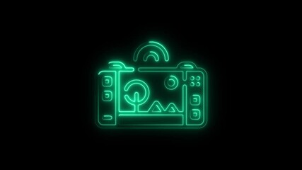 Poster - Glowing Neon Camera Icon Animation on Black Background Modern Tech Concept Digital Photography