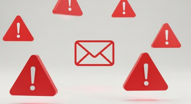 Red Warning Symbols Surrounding Envelope On White Digital Rendering