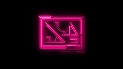Poster - Animated Neon Icon of a Mountain Landscape with a Person Hiking Glowing Pink Outline on Black