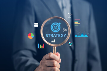 Aufkleber - Business goal strategy and planning. Businessman analyzing data with magnifying glass icon focusing on target, project growth, and development plan for success, performance, and leadership vision.