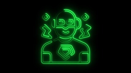 Poster - Green Neon Superhero Icon Animation Glowing Outline on Black Background Animated Superhero