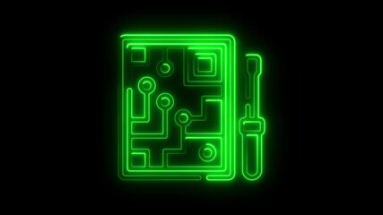 Aufkleber - Glowing Neon Circuit Board and Screwdriver Icon on Black Background Technology Concept Digital
