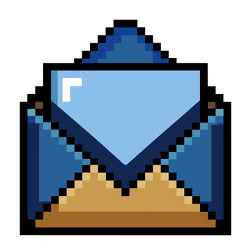 Retro Pixel Art Envelope Icon in Various Blue Shades on White Background