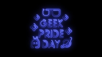 Aufkleber - Neon Geek Pride Day Sign Glowing Blue Against Black Background Celebrating Geek Culture and