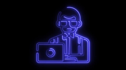 Aufkleber - Neon Icon Programmer Working on Laptop Glowing Blue Outline Against Black Background Ideal for