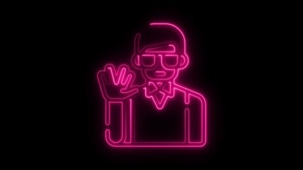 Poster - Animated Neon Sign Businessman Waving Greeting Hand Gesture Against Black Background Ideal for