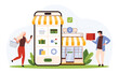 © Iconic Prototype - Online store sales, retail shop mobile app in smartphone with awning. Tiny people hold gift box and basket for shopping, select product category on phone screen to buy cartoon vector illustration