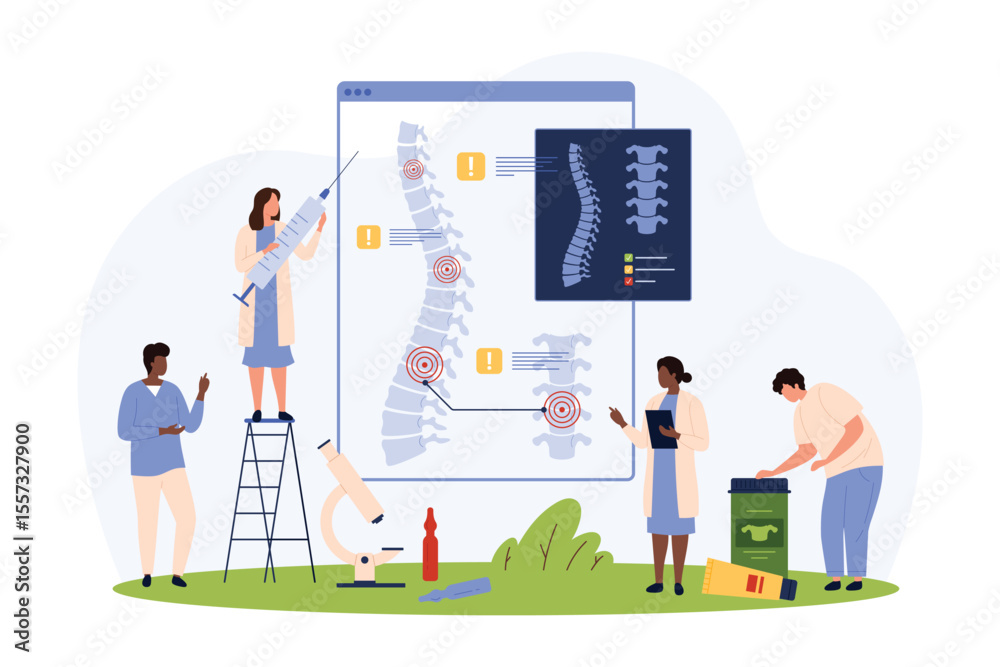 Spine. Check Vector Diagnosis and treatment of chronic spinal diseases vector illustration ...
