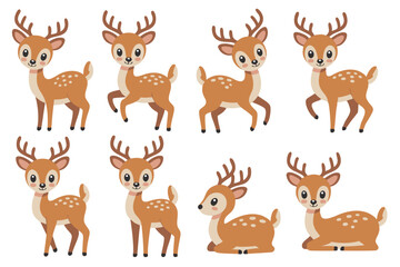  Cute Cartoon Fawn Deer with Antlers in Different Poses on White Background